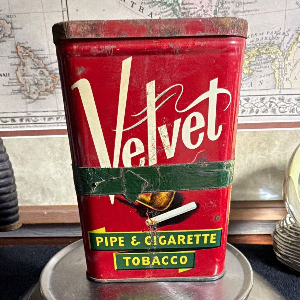 Velvet Vintage Red Metal Pipe & Cigarette Tobacco Tin Can Container